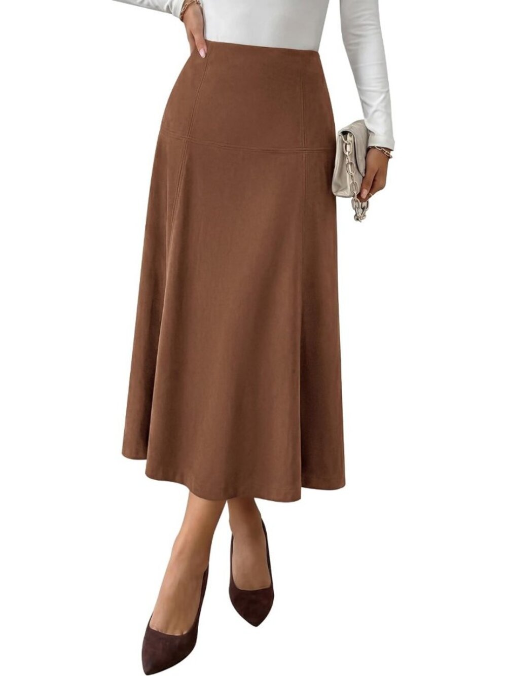 High Waist Faux Suede A-Line Midi Skirt for Women - Chic & Stylish Fashion Piece